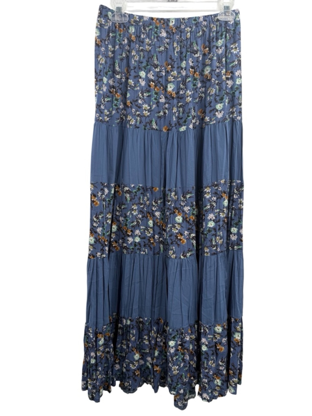 Solitaire Blue Floral Tiered Maxi Skirt Boho Cottagecore Flowing Elastic Waist